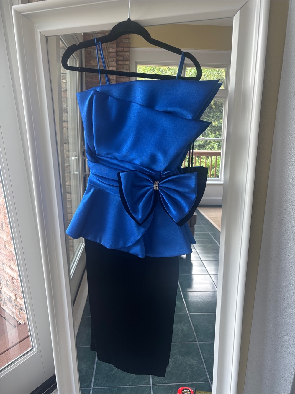 Royal Blue Satin Peplum vintage dress with Decorative Bow - Women's